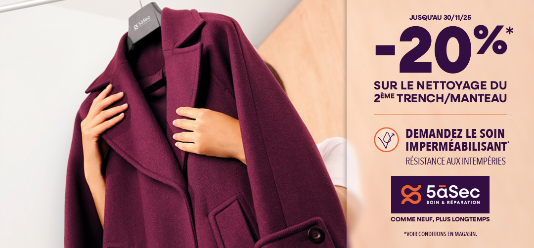 -20% sur le nettoyage du 2ème trench/manteau